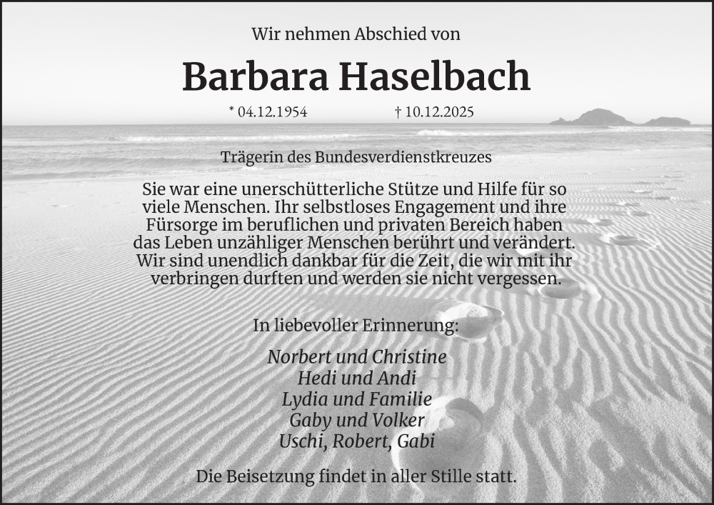  Traueranzeige für Barbara Haselbach vom 27.12.2025 aus Tageszeitung
