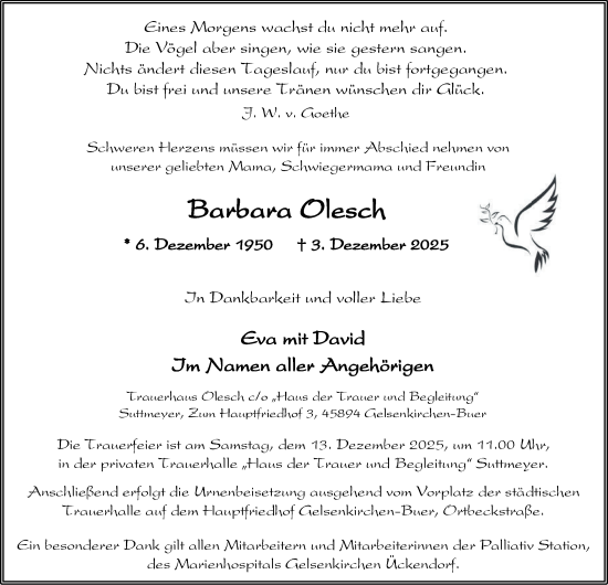 Traueranzeige von Barbara Olesch von Tageszeitung