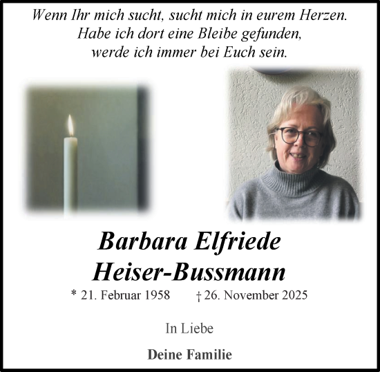 Traueranzeige von Barbara Elfriede Heiser-Bussmann von Tageszeitung