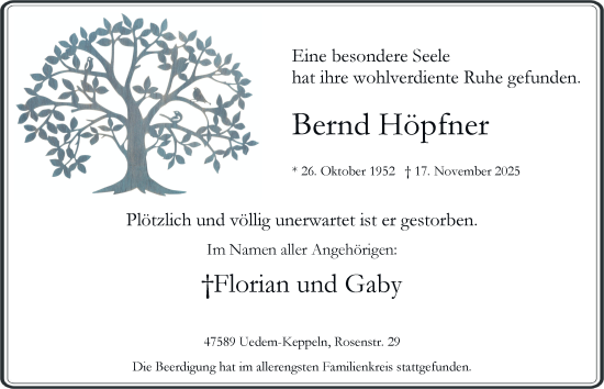 Traueranzeige von Bernd Höpfner von Tageszeitung