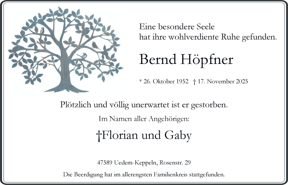  Traueranzeige für Bernd Höpfner vom 06.12.2025 aus Tageszeitung