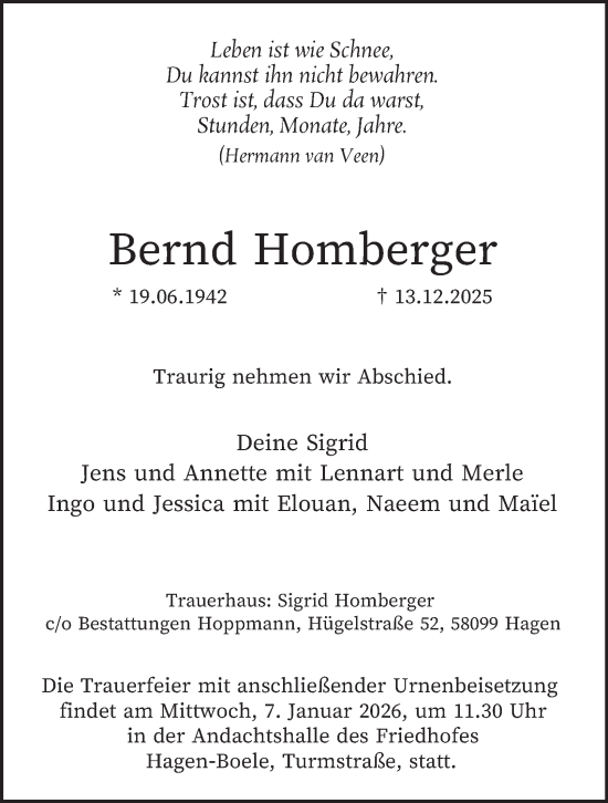 Traueranzeige von Bernd Homberger von Tageszeitung