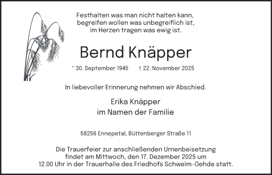 Traueranzeige von Bernd Knäpper von Tageszeitung