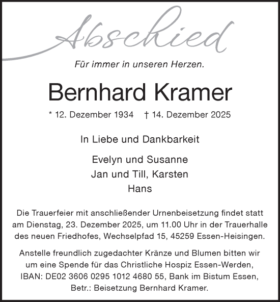 Traueranzeige von Bernhard Kramer von Tageszeitung