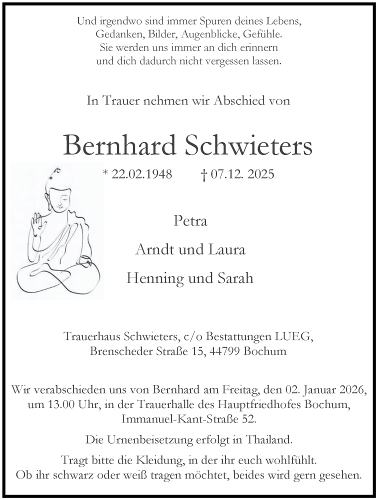  Traueranzeige für Bernhard Schwieters vom 27.12.2025 aus Tageszeitung