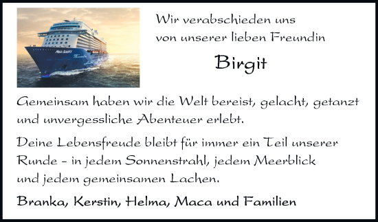 Traueranzeige von Birgit Hirnstein von Tageszeitung