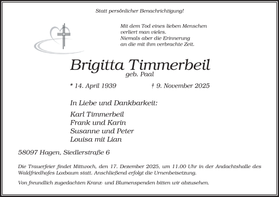 Traueranzeige von Brigitta Timmerbeil von Tageszeitung