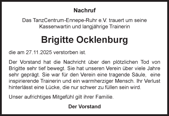 Traueranzeige von Brigitte Ocklenburg von Tageszeitung
