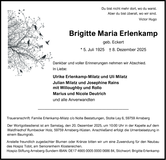 Traueranzeige von Brigitte Maria Erlenkamp von Tageszeitung