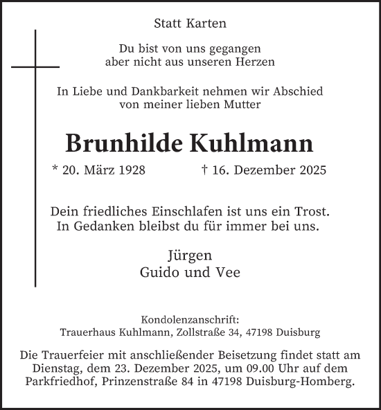 Traueranzeige von Brunhilde Kuhlmann von Tageszeitung