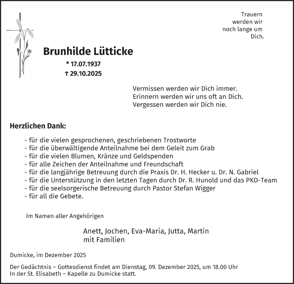  Traueranzeige für Brunhilde Lütticke vom 06.12.2025 aus Tageszeitung