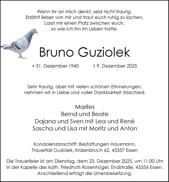Traueranzeige von Bruno Guziolek von Tageszeitung