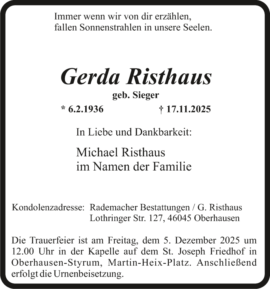  Traueranzeige für Gerda Risthaus vom 29.11.2025 aus Tageszeitung