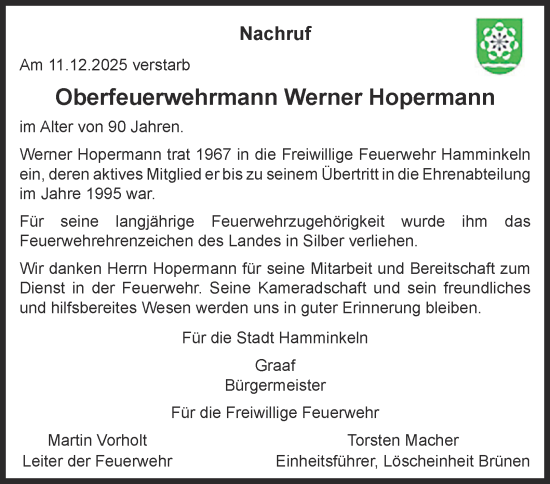 Traueranzeige von Werner Hopermann von Tageszeitung
