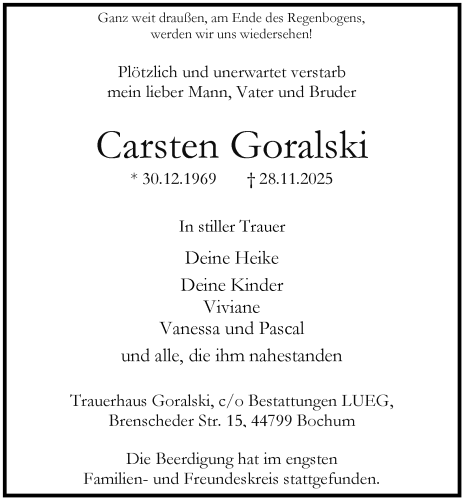  Traueranzeige für Carsten Goralski vom 20.12.2025 aus Tageszeitung