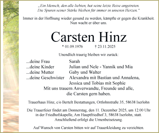 Traueranzeige von Carsten Hinz von Tageszeitung