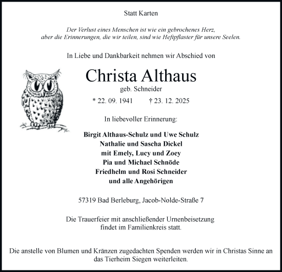 Traueranzeige von Christa Althaus von Tageszeitung