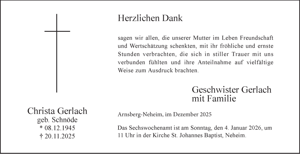  Traueranzeige für Christa Gerlach vom 27.12.2025 aus Tageszeitung