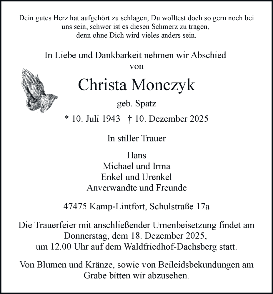  Traueranzeige für Christa Monczyk vom 17.12.2025 aus Tageszeitung