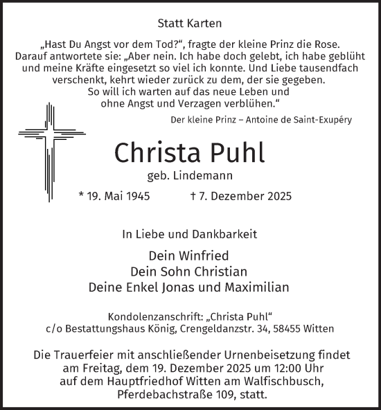 Traueranzeige von Christa Puhl von Tageszeitung