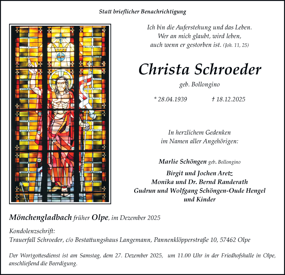  Traueranzeige für Christa Schroeder vom 20.12.2025 aus Tageszeitung