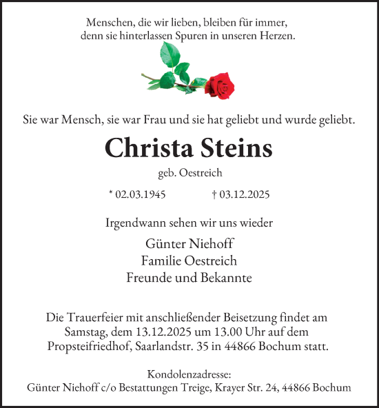 Traueranzeige von Christa Steins von Tageszeitung