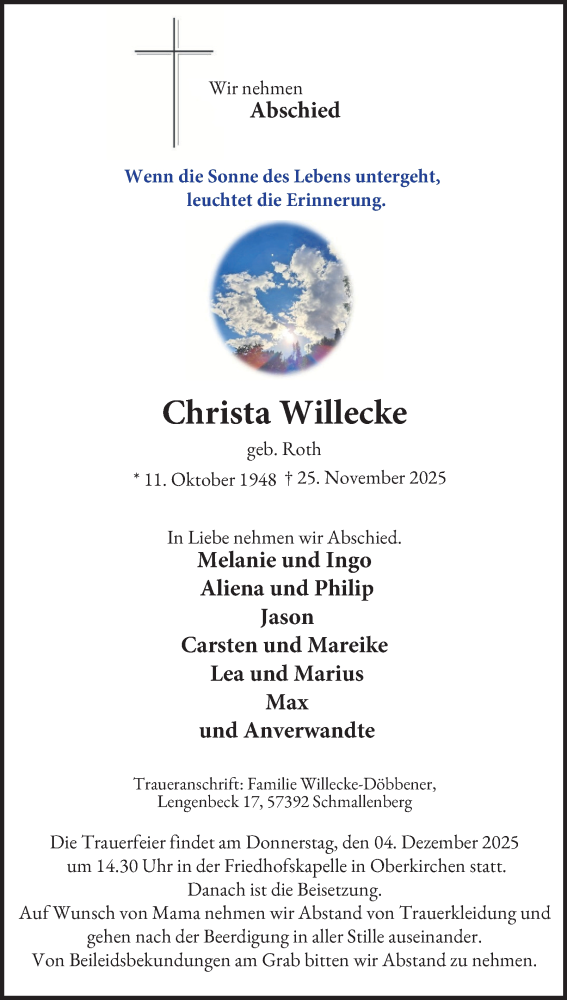  Traueranzeige für Christa Willecke vom 03.12.2025 aus Tageszeitung