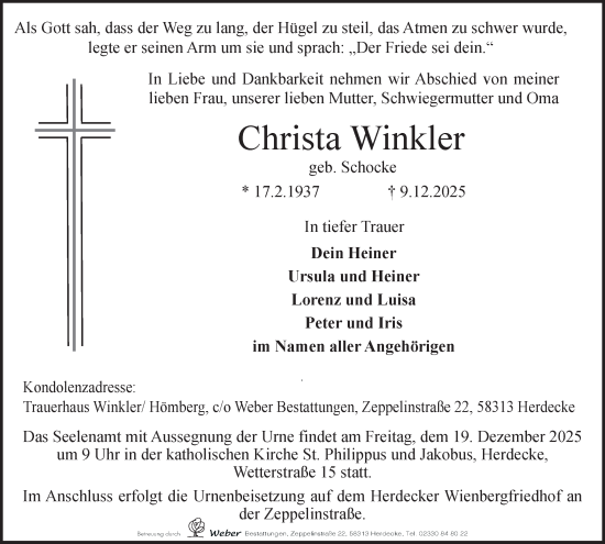 Traueranzeige von Christa Winkler von Tageszeitung