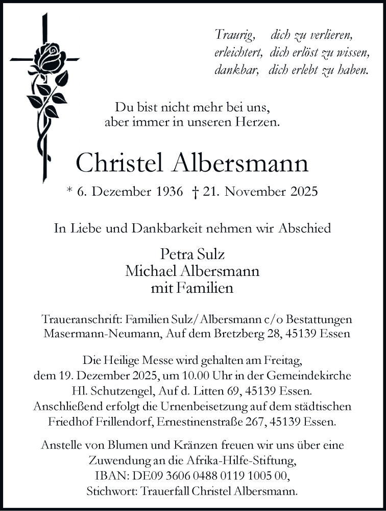  Traueranzeige für Christel Albersmann vom 06.12.2025 aus Tageszeitung