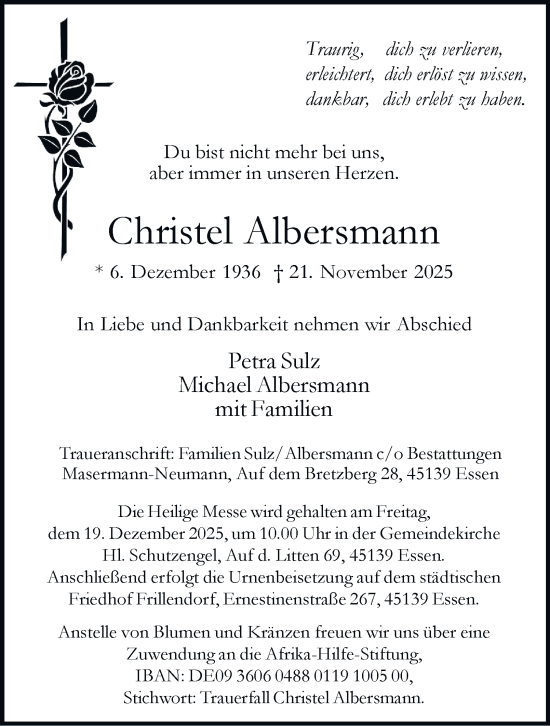 Traueranzeige von Christel Albersmann von Tageszeitung