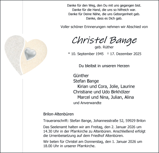 Traueranzeige von Christel Bange von Tageszeitung