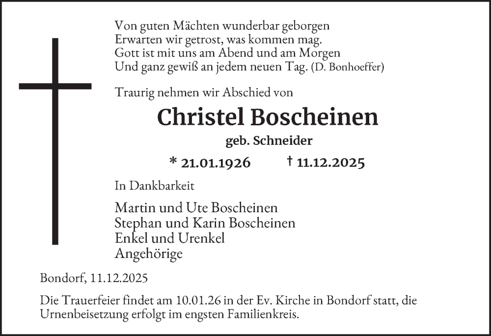  Traueranzeige für Christel Boscheinen vom 27.12.2025 aus Tageszeitung