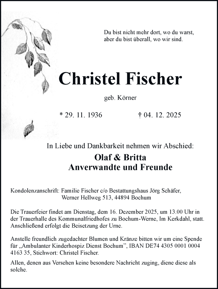  Traueranzeige für Christel Fischer vom 13.12.2025 aus Tageszeitung