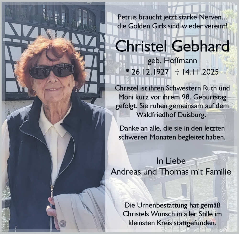  Traueranzeige für Christel Gebhard vom 06.12.2025 aus Tageszeitung
