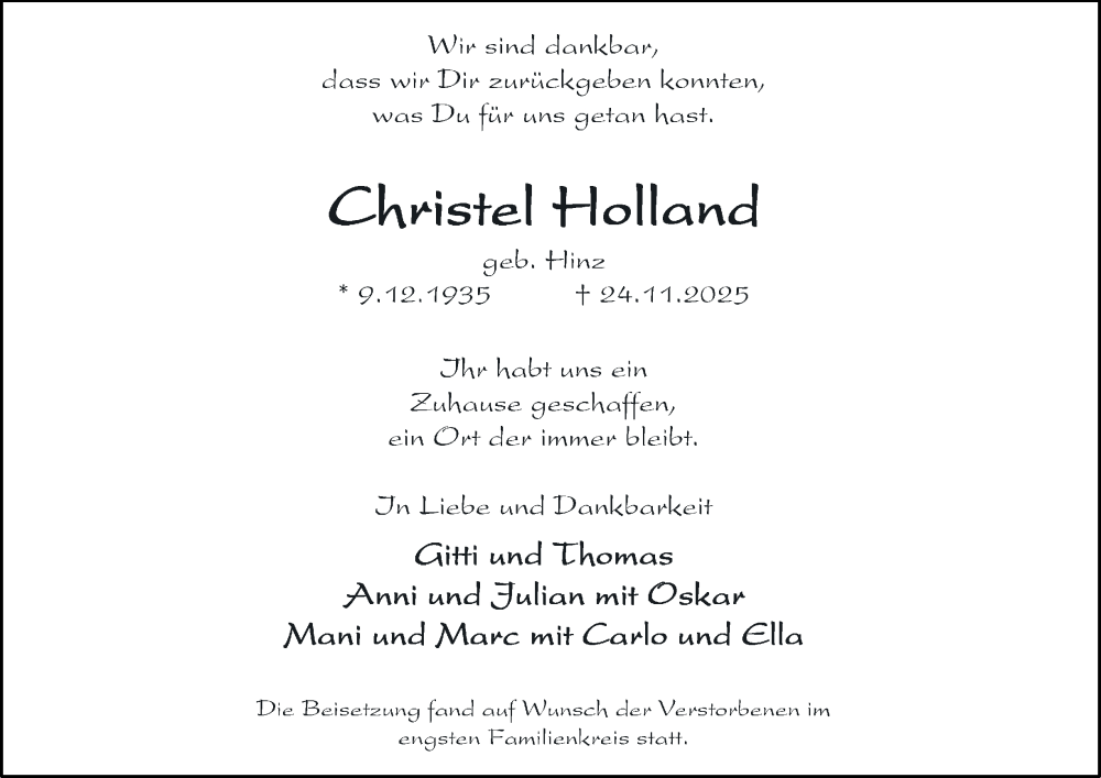 Traueranzeige für Christel Holland vom 06.12.2025 aus Tageszeitung