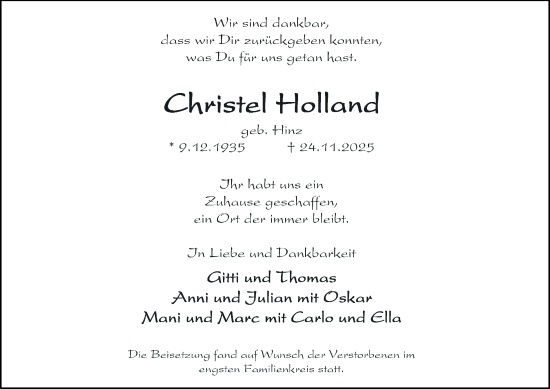 Traueranzeige von Christel Holland von Tageszeitung