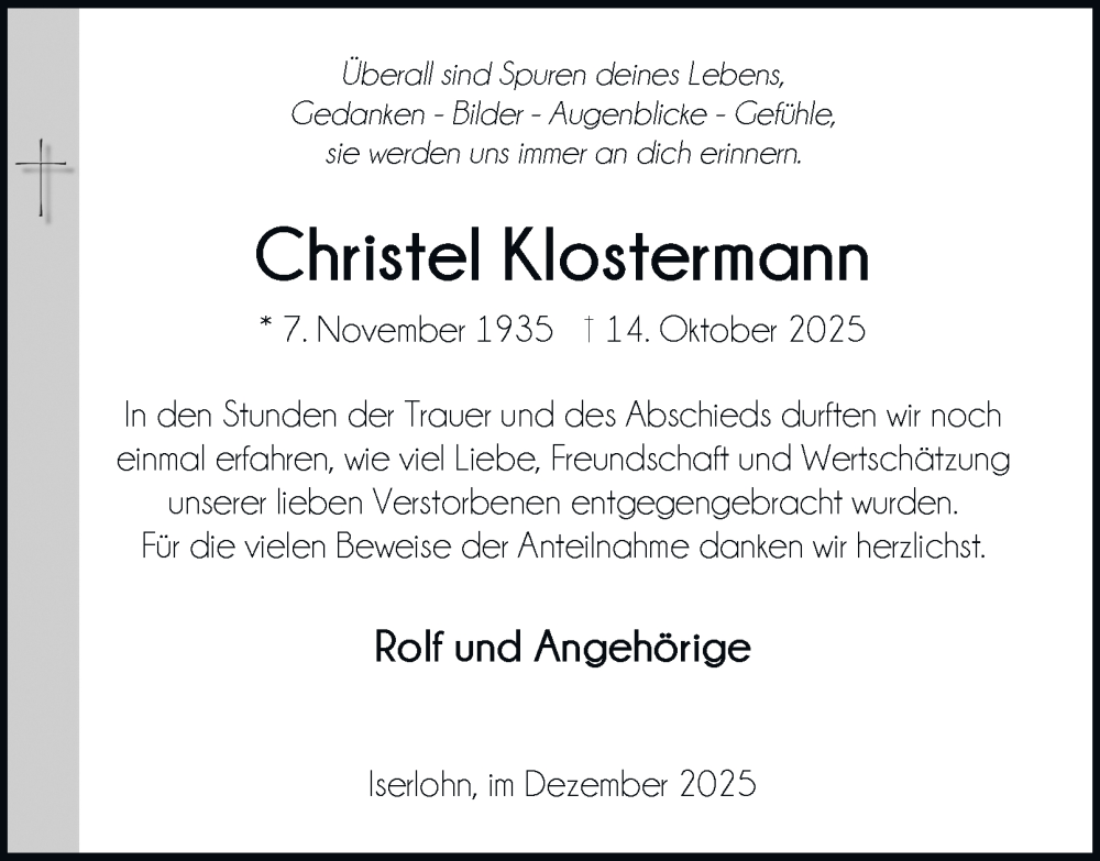 Traueranzeige für Christel Klostermann vom 13.12.2025 aus Tageszeitung