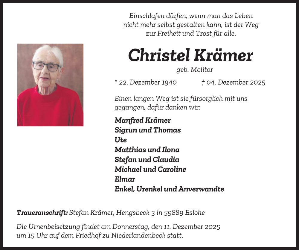  Traueranzeige für Christel Krämer vom 08.12.2025 aus Tageszeitung