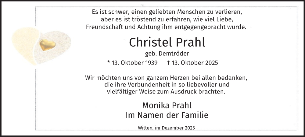 Traueranzeige für Christel Prahl vom 06.12.2025 aus Tageszeitung