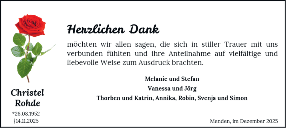  Traueranzeige für Christel Rohde vom 13.12.2025 aus Tageszeitung