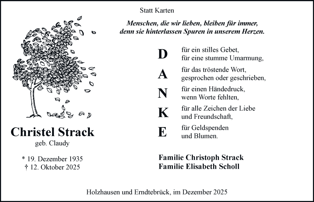  Traueranzeige für Christel Strack vom 06.12.2025 aus Tageszeitung