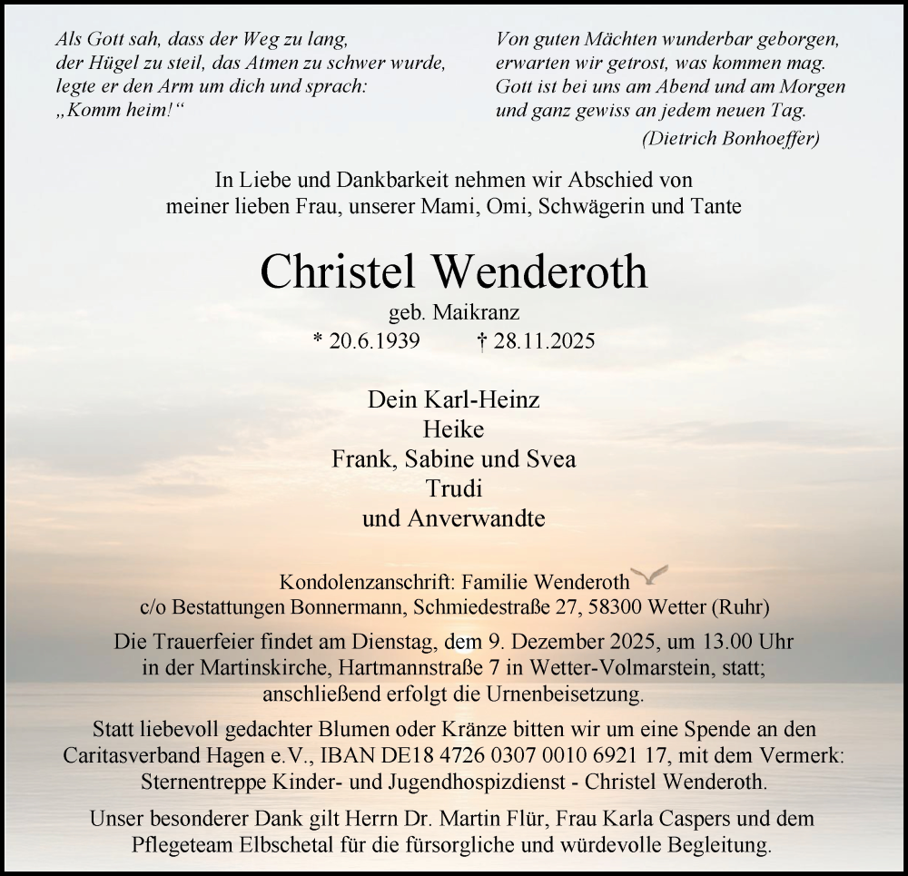  Traueranzeige für Christel Wenderoth vom 06.12.2025 aus Tageszeitung
