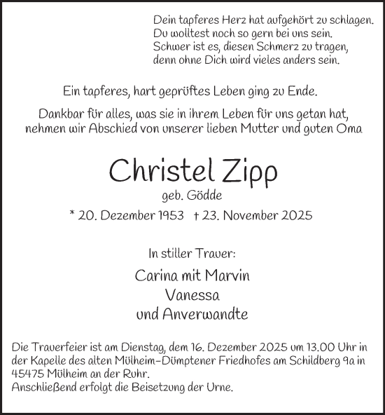 Traueranzeige von Christel Zipp von Tageszeitung