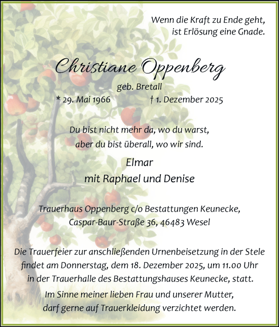 Traueranzeige von Christiane Oppenberg von Tageszeitung