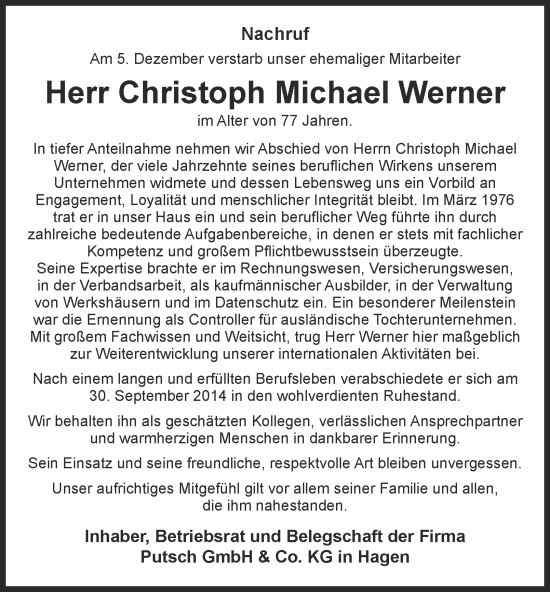 Traueranzeige von Christoph Michael Werner von Tageszeitung