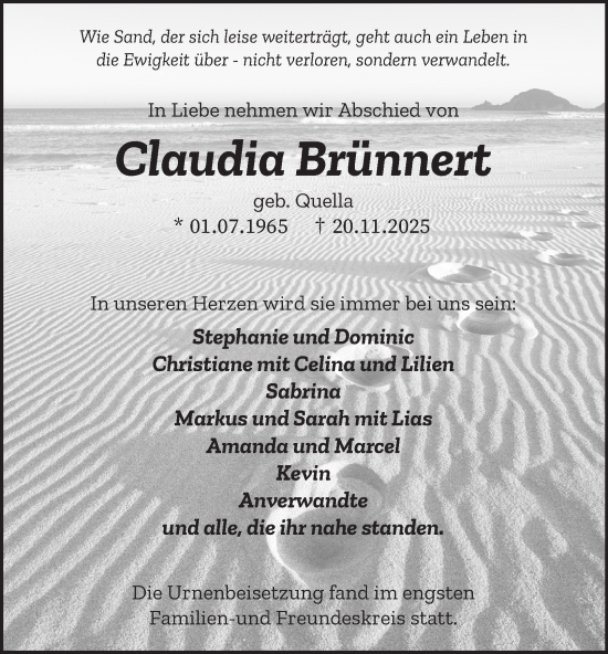 Traueranzeige von Claudia Brünnert von Tageszeitung