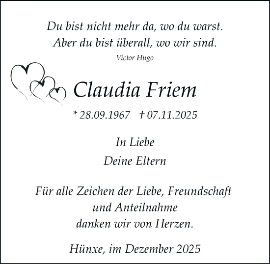 Traueranzeige von Claudia Friem von Tageszeitung