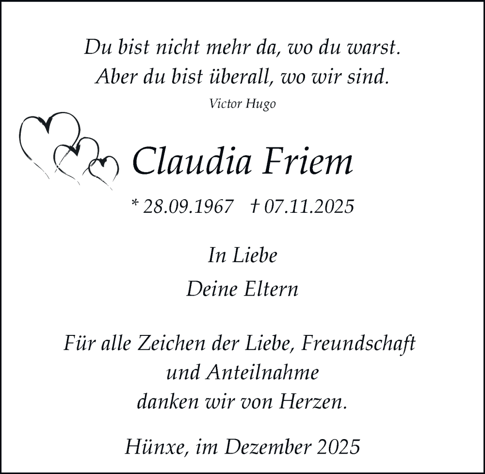  Traueranzeige für Claudia Friem vom 06.12.2025 aus Tageszeitung