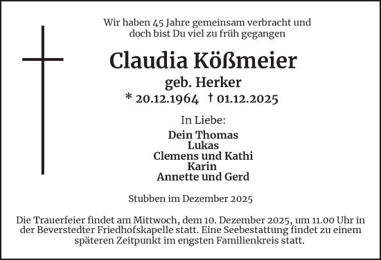 Traueranzeige von Claudia Kößmeier von Tageszeitung