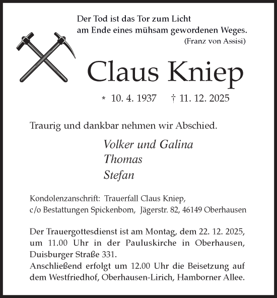 Traueranzeige von Claus Kniep von Tageszeitung